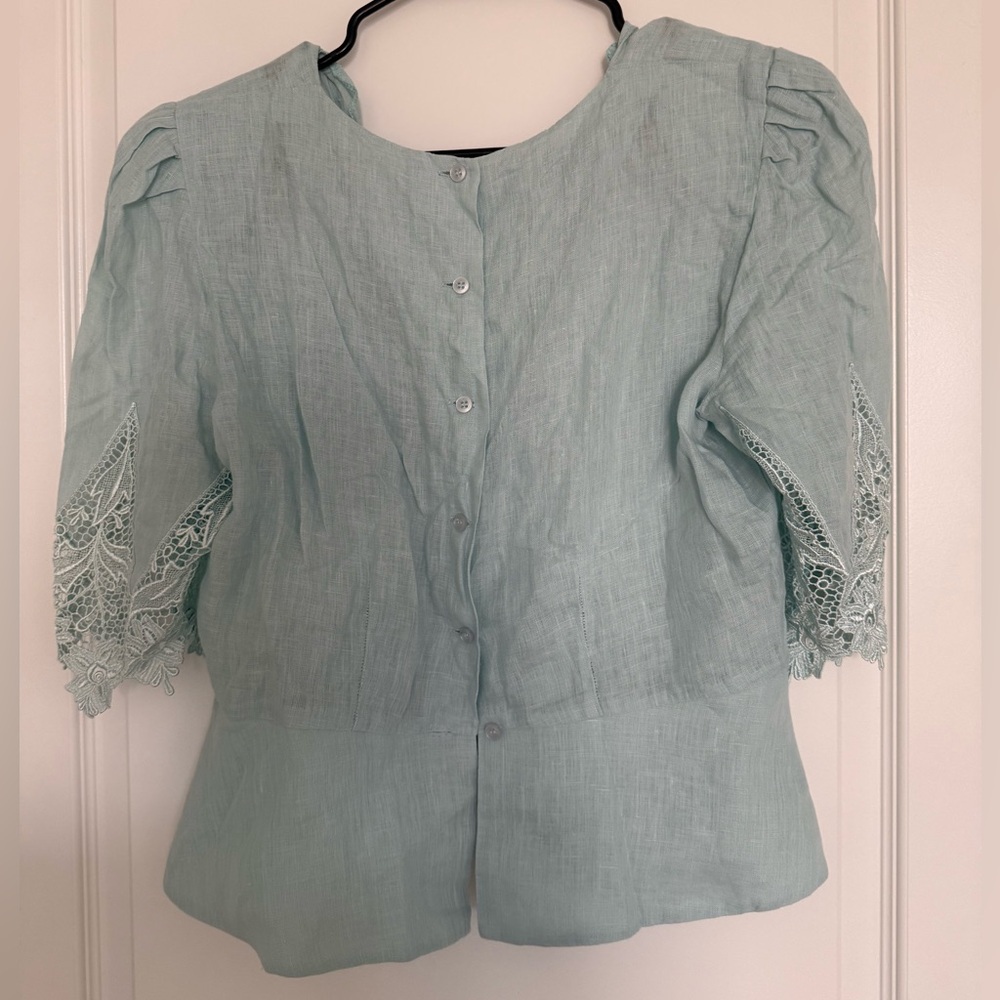 Cloak Of Many Colors Liberty & Lucrezia Set Sz 12 Linen Lace Mint Top Skirt VTG - Picture 6 of 14
